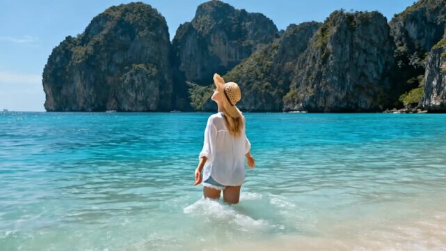 Caucasian woman with open arms on a tropical beach