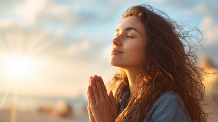 A woman with long hair is praying in the sun. She is smiling and looking up at the sky
