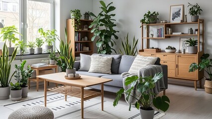 Fototapeta premium Modern Living Room with Green Plants Natural Light Cozy Decor
