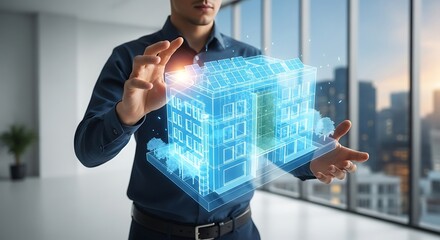 Architect presents holographic building model in modern office showcasing innovative design and technology for future development.