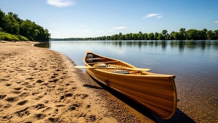 Wooden Canoe Resting on Sandy Beach by Calm River Under Clear Blue Sky