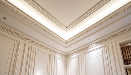 Elegant White Room Corner with Crown Molding and Recessed Lighting
