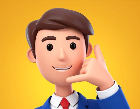 Animated male character making a call-me gesture. The man has brown hair and a friendly expression. He wears a suit