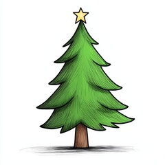 Fototapeta premium Hand Drawn Green Christmas Tree with Gold Star on White Background