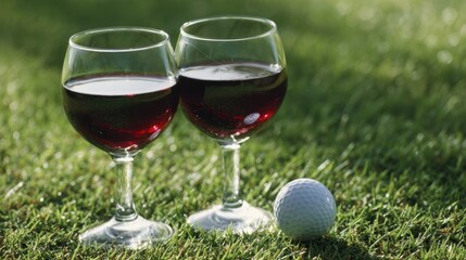 Two wine glasses with red wine on a green field. A golf ball is next to the glasses