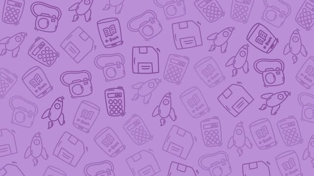 Purple technology doodle pattern background featuring hand drawn rockets cameras floppy disks calculators and ebook icons perfect for education projects or World Science Day creative designs - Powered by Adobe