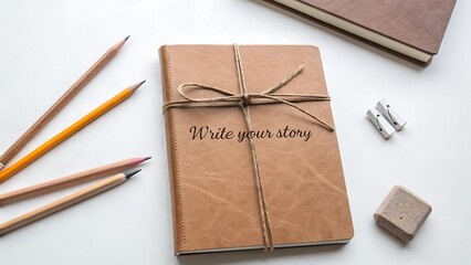 Overhead photo of a leather journal tied with string
