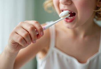 Young girl brushing her teeth with a toothbrush in a bright bathroom  