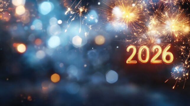Celebration of New Year fireworks welcoming 2026 at midnight