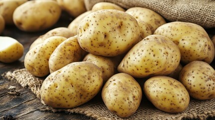 Pile of freshly harvested organic potatoes on burlap