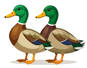 Obraz premium Cartoon illustration featuring two male ducks, shown in profile, with green heads, brown chests, and tan bodies, rendered in a simple, vibrant style
