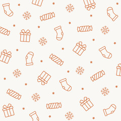 Christmas seamless pattern of socks, presents, snowflakes, and stars on soft white-yellow background. Ideal for cozy Christmas packaging, cards, or wallpapers.