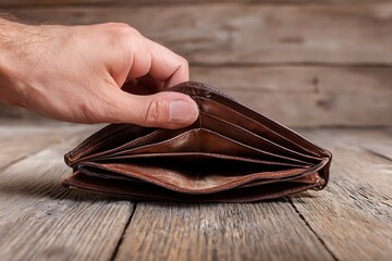 Person holding open empty leather wallet on wood surface