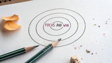 Pencil drawing of a target with the words Focus and Win