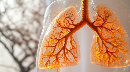 Transparent anatomical model of human lungs depicting respiratory system