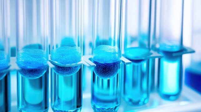 Test tubes holding layered blue liquid for laboratory research