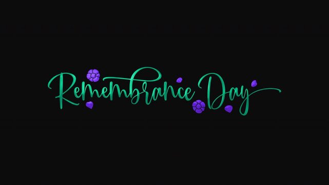 Green Remembrance Day lettering and purple flower decorations on transparent background suitable for commemorating wartime or honoring veterans. Memorial design.