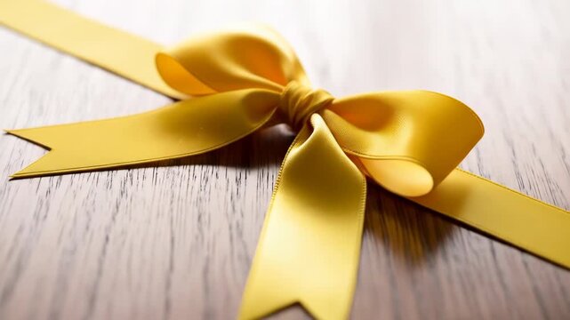 A yellow ribbon tied into a neat bow lies on a textured wooden surface