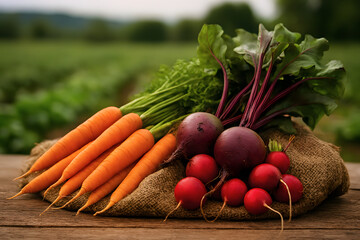 Fresh Organic Carrots, Radishes, and Beets on Rustic Farm Background