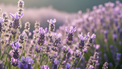 Fototapeta premium Lavender Field in Bloom with Soft Natural Lighting and Vibrant Purple Flowers