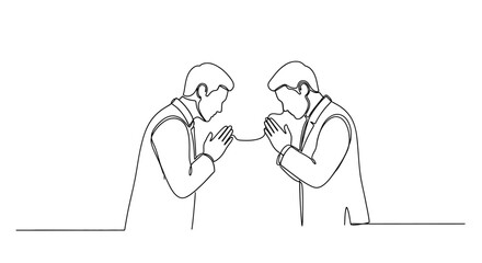 Continuous line drawing of two businessmen facing each other with hands clasped in greeting or