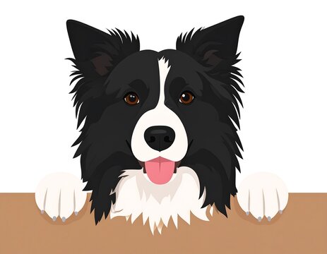 Cartoon illustration of a black and white Border Collie dog, head and forepaws visible, smiling, and against a neutral background