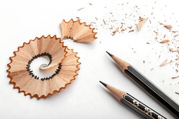 Sharpened pencils with wood shavings on a white background