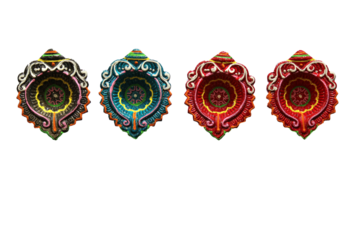 colorful hand painted diwali diyas in decorative arrangement 