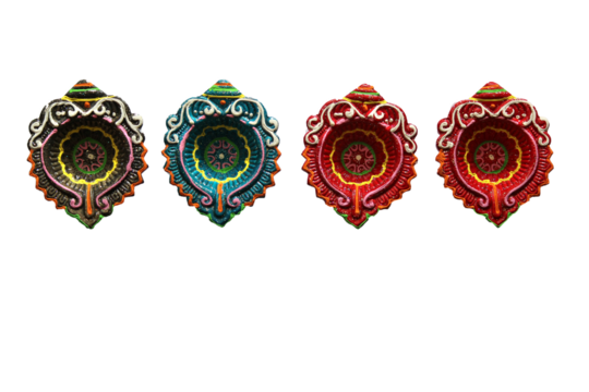 colorful hand painted diwali diyas in decorative arrangement  - Powered by Adobe