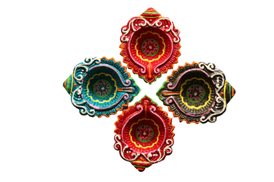 colorful hand painted diwali diyas in decorative arrangement