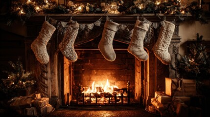 Warm cozy Christmas Eve scene with stockings hung by a roaring fireplace adorned with festive lights and gifts