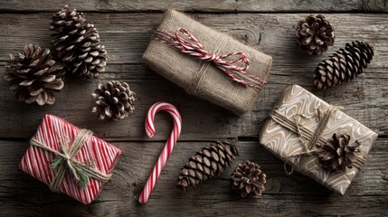Rustic Christmas gifts and pine cones artfully arranged on weathered wood, evoking cozy holiday traditions and warm festive spirit