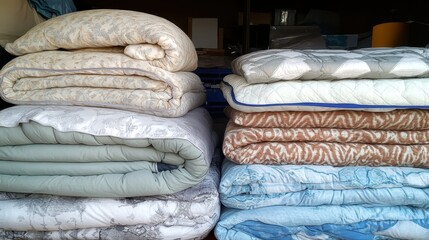 Blankets and sleeping bags neatly organized for donation purposes