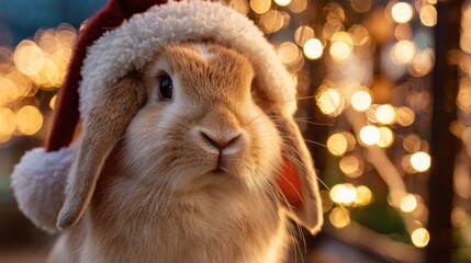 Adorable fluffy bunny wearing a Santa hat with bokeh lights creating a magical holiday atmosphere for festive celebrations