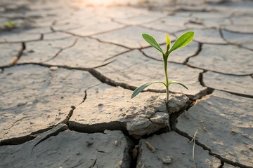 Small green sprout emerging from cracked dry earth
