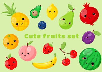 Set of cute fruits isolated on light green background. Collection of fruits. Kawaii style. Childish characters.Design elements for kids materials,books, healthy food and farm posters.Vector 
