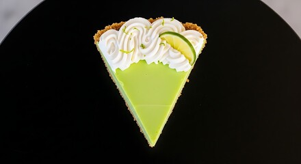 A single slice of vibrant key lime pie, topped with whipped cream and a lime wedge, on a black surface.