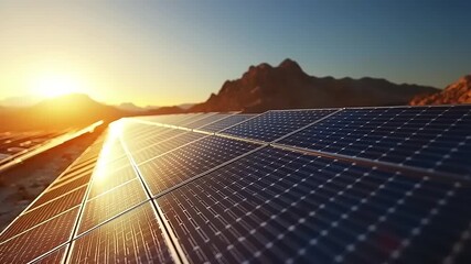 Solar panels capture golden sunset light in a remote desert landscape. - Powered by Adobe