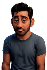 Neutral 3D Cartoon Man in Blue T-Shirt with Concerned Expression