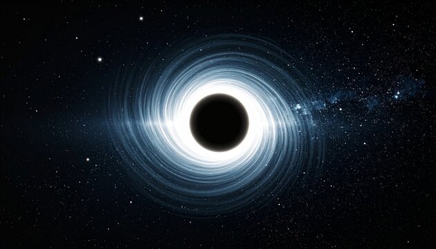 A stunning visualization of a black hole with a bright accretion disk swirling around it against a backdrop of stars.