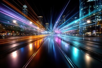 Obraz premium City at Night with Light Trails and Reflections