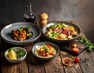 Still life of a wooden table set with four gourmet dishes