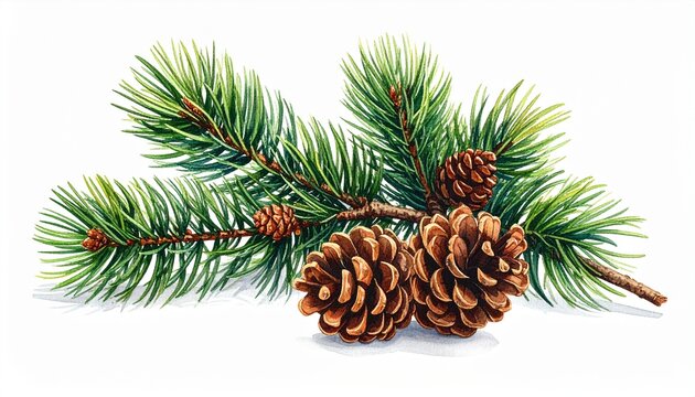 Watercolor illustration of pine branch with cones, isolated on white background. Christmas and winter holiday decoration element.