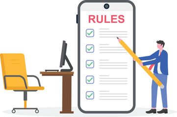 A businessman holds a pen and shows a signed rule sheet beside an office,
