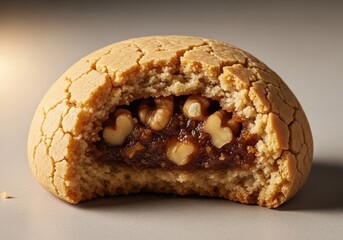 Halfeaten jamfilled cookie with nuts on a crumbly surface, closeup view