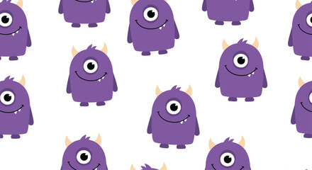 Obraz premium A seamless pattern of cute purple one-eyed monsters.