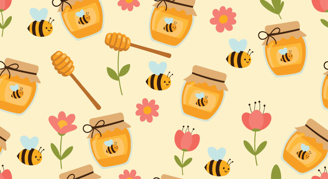Sweet bumble bees and jars of honey with flowers.
