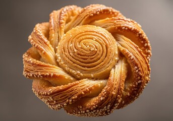 Golden flaky pastry swirl bread with sesame seeds, freshly baked and crispy