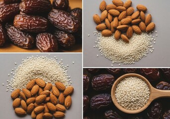 Assorted nuts and seeds including dates, almonds, and sesame on neutral background