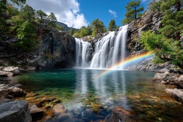 Obraz premium Rainbow Waterfall in Mountain Forest Landscape
